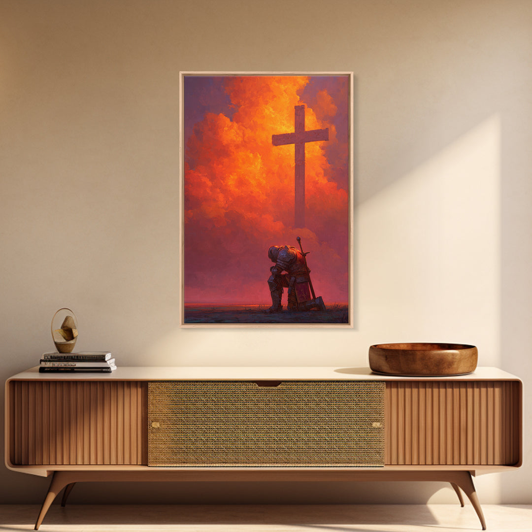 Medieval Knight Kneeling Before Cross In Fiery Sky Dramatic Fantasy Art Wall Art Canvas Print For Spiritual Decor