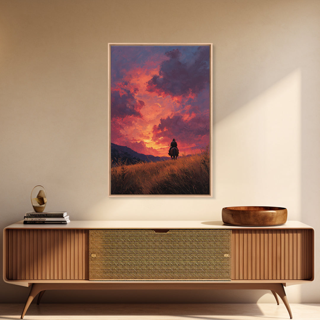 Epic Western Lone Rider On Horseback Silhouette Against Dramatic Sunset Sky Oil Painting Wall Art