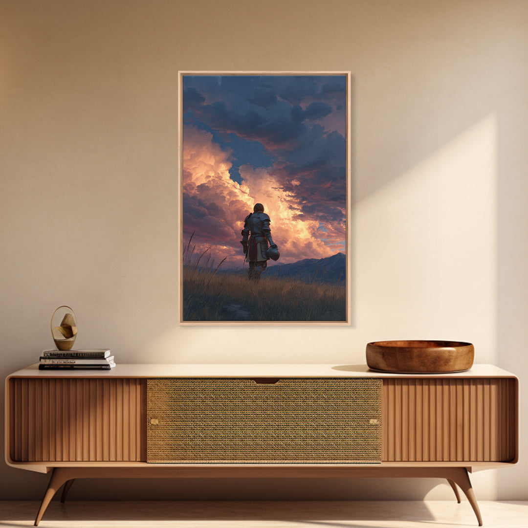 Knight Standing Under Dramatic Cloudy Sunset Sky Canvas Print Medieval Wall Art For Living Room And Office Decor