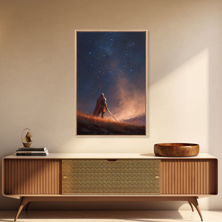 Knight Standing Under Starry Night Sky With Sword Illustration Fantasy Wall Art Framed Canvas Print For Home Decor