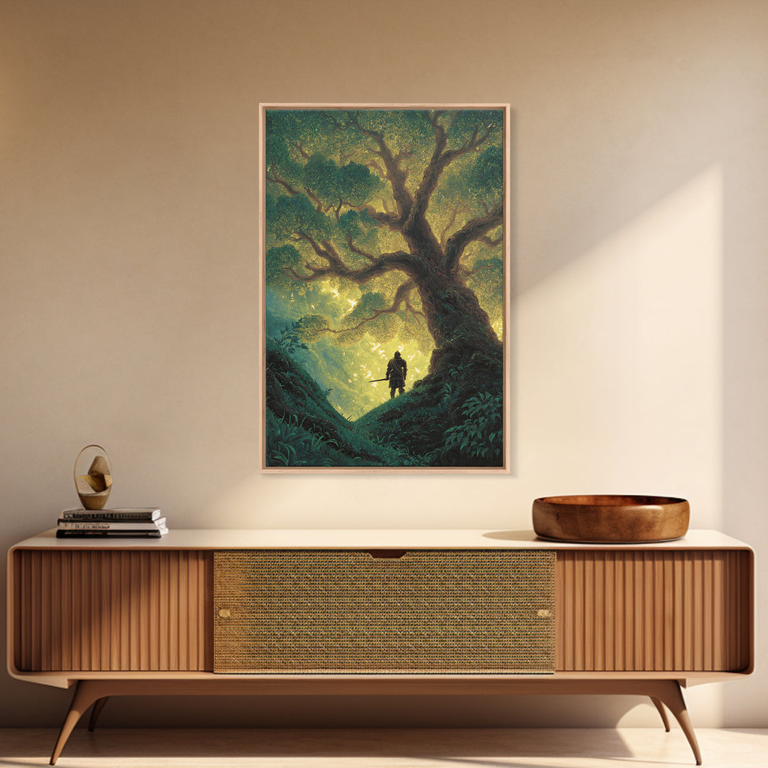 Fantasy Artwork Knight Standing Under Enchanted Glowing Tree In Mystical Forest - Canvas Print For Magical Wall Art And Fairytale Home Decor