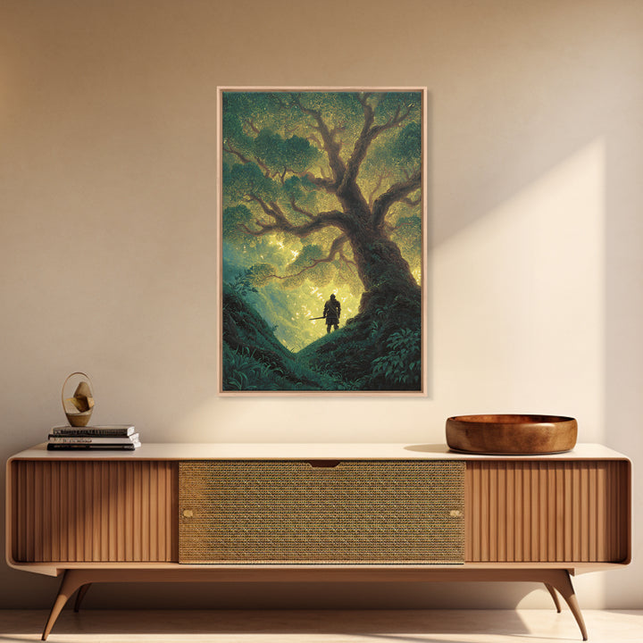 Fantasy Artwork Knight Standing Under Enchanted Glowing Tree In Mystical Forest - Canvas Print For Magical Wall Art And Fairytale Home Decor