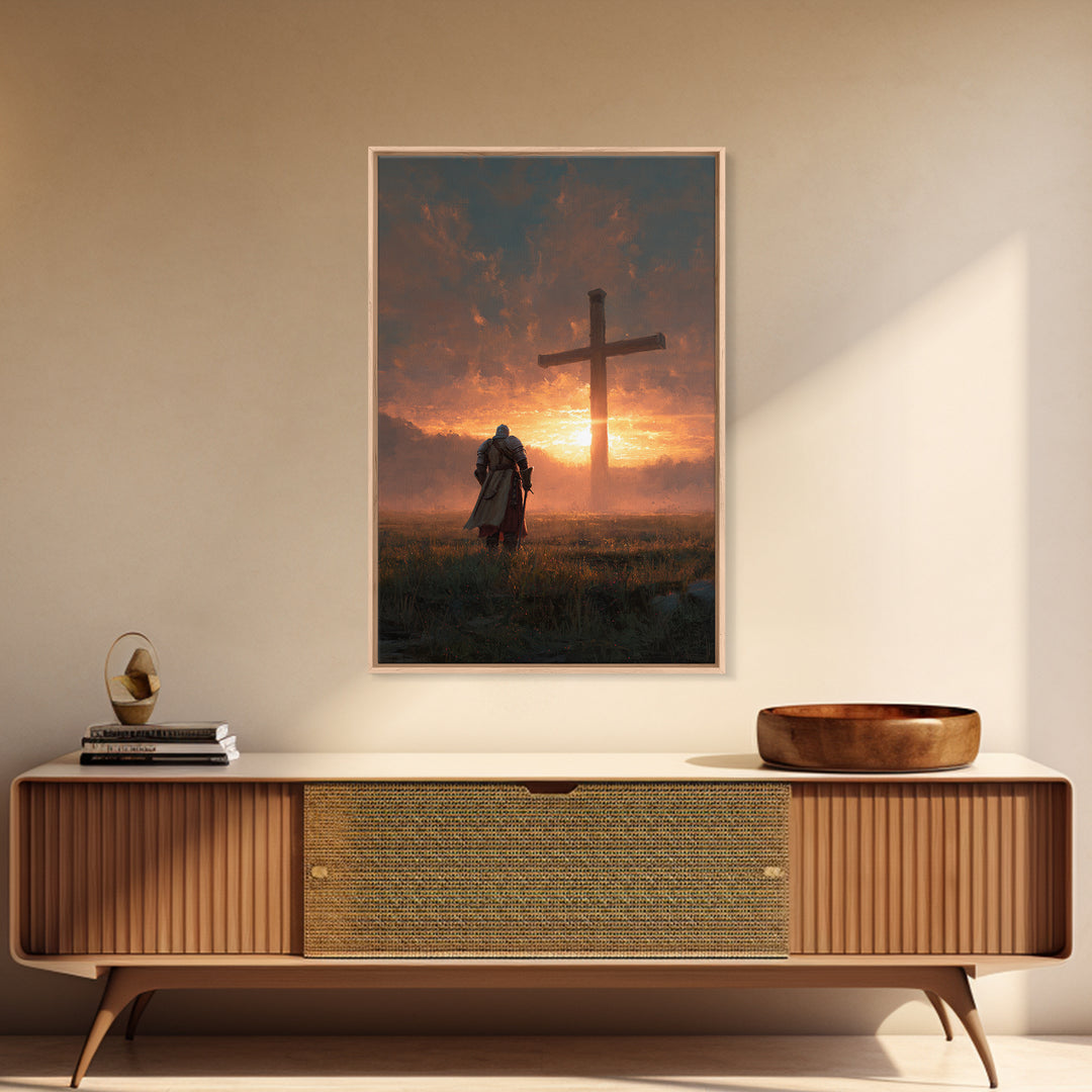 Knight Kneeling Before Large Cross At Sunset Spiritual Wall Art Framed Canvas Print Religious Artwork For Home Decor