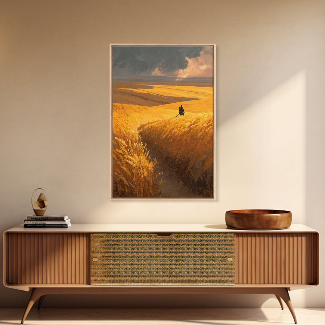 Expansive Golden Wheat Field With Lone Figure Walking Abstract Landscape Wall Art Modern Canvas Print For Rustic Home Or Office Decor