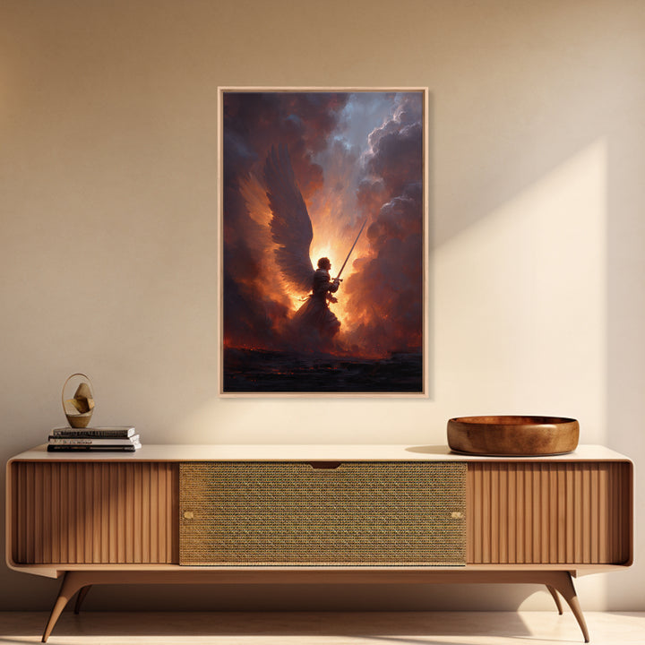 Epic Angel Warrior With Sword Radiant Light And Fiery Background Fantasy Art Framed Canvas Print For Home