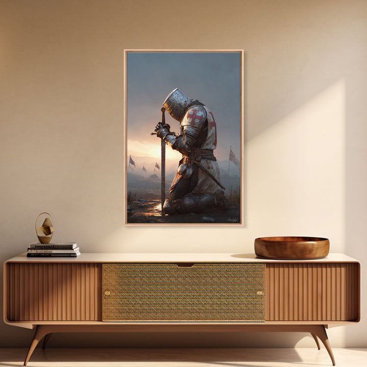 Medieval Knight In Armor Kneeling With Sword At Sunset Dramatic Fine Art Print For Historical And Fantasy Wall Art