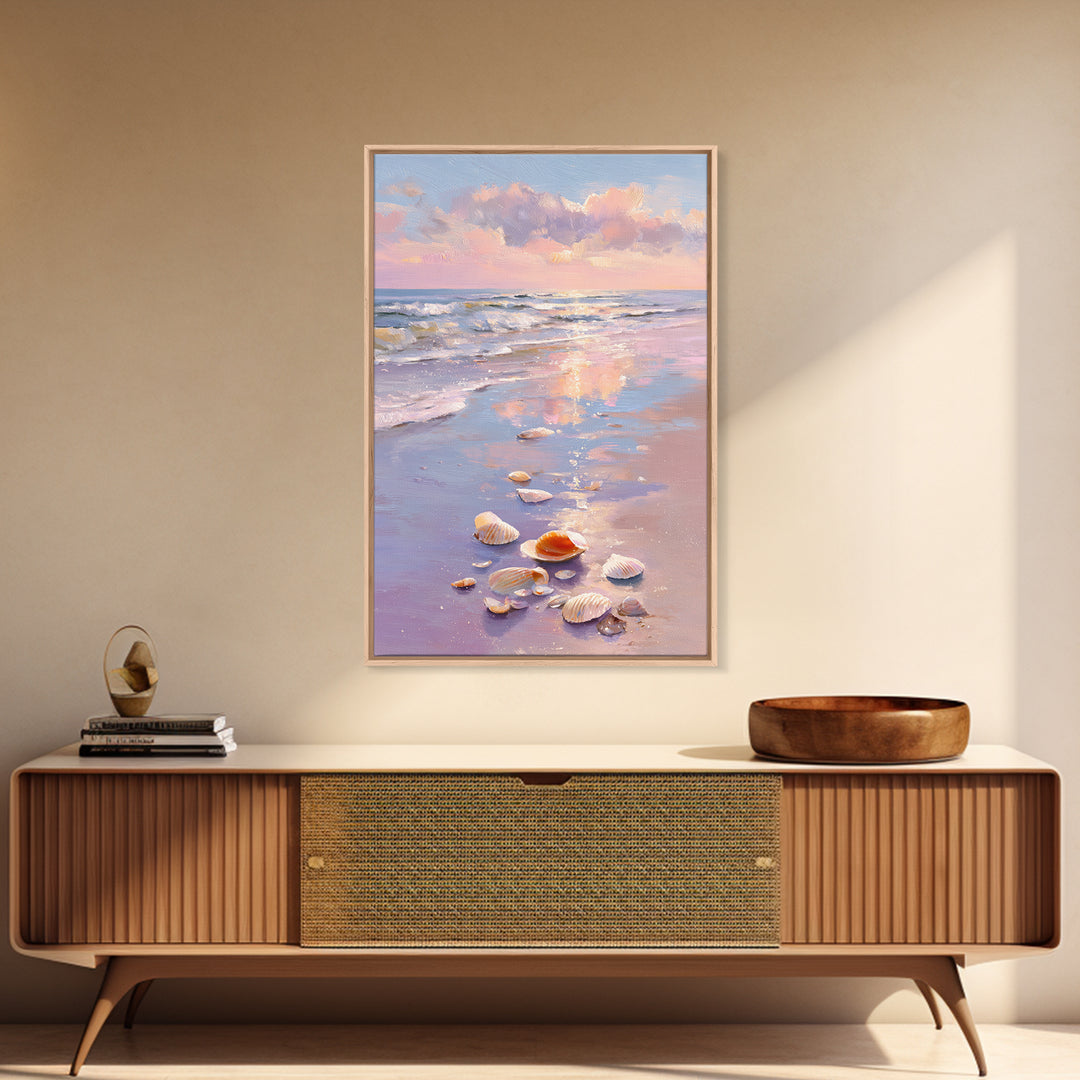 Pastel Seashell Beach Sunset Canvas Print, Coastal Wall Art, Ocean Painting, Beach House Decor, Seascape, Gift For Her, Home Decor