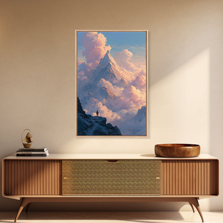 Epic Mountain Landscape With Pilgrim And Tower Framed Canvas Print Majestic Nature Wall Art Dramatic Sky Wall Decor
