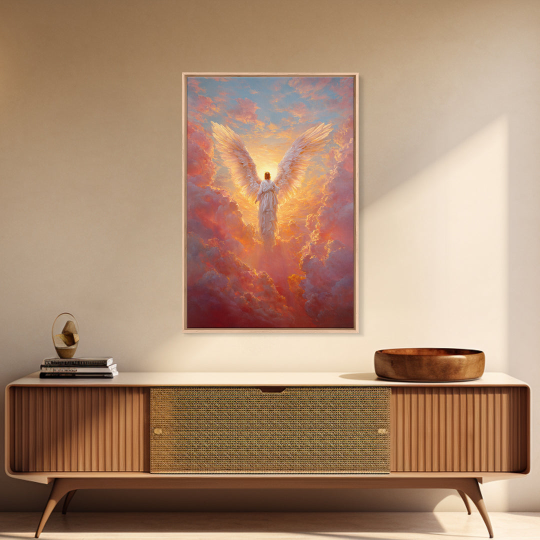 Glowing Angel In Radiant Sunset Sky Symbolic Spiritual Painting Wall Art Framed Canvas Print