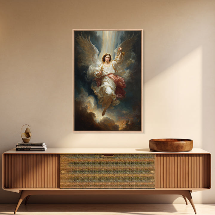 Radiant Angel In White Robes With Gold Accents And Warm Glowing Light - Framed Canvas Print For Home Decor