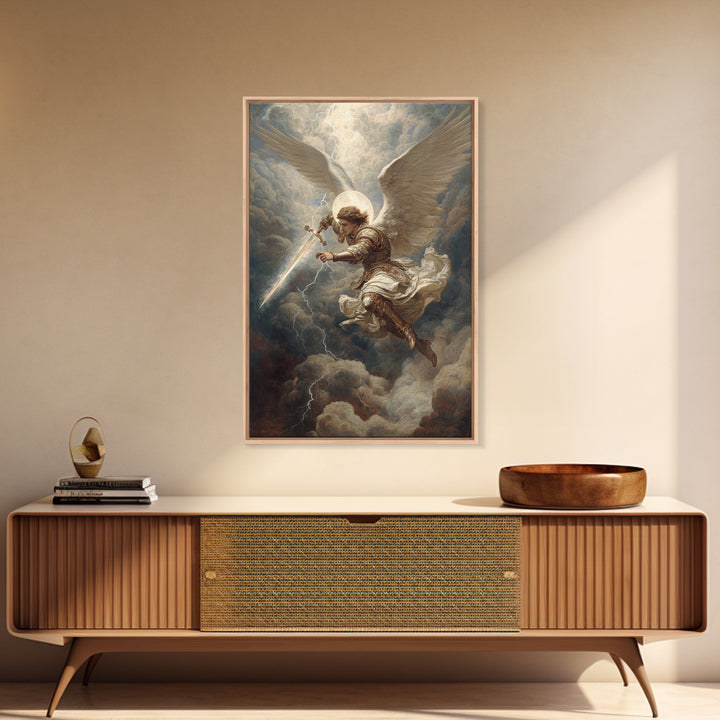 Majestic Archangel With Sword In Stormy Skies Wall Art Framed Canvas Print For Spiritual Home Decor