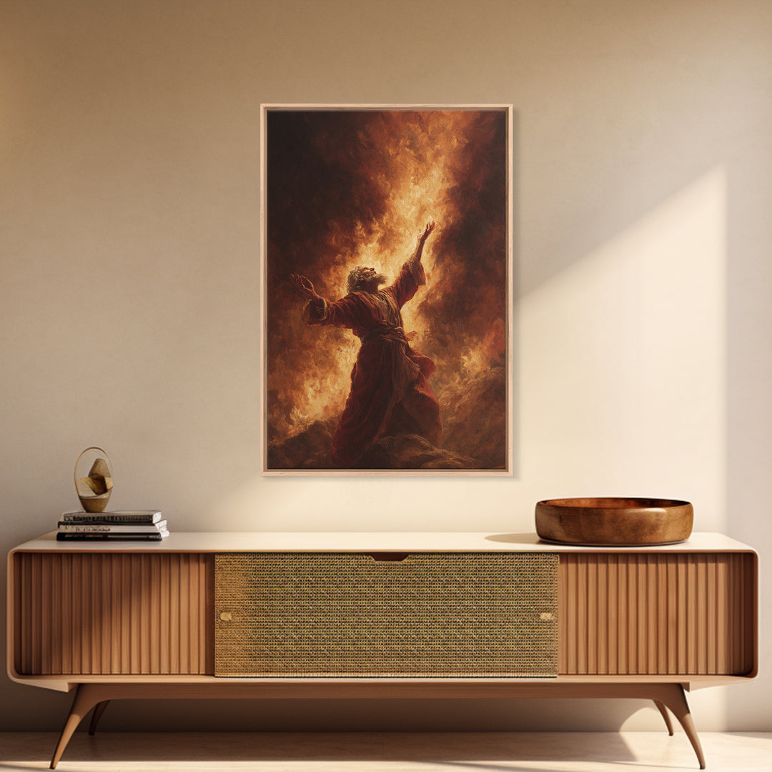 Dramatic Figure Kneeling With Angelic Being Bathed In Radiant Light Religious Spiritual Wall Art Framed Canvas Print For Inspirational Decor