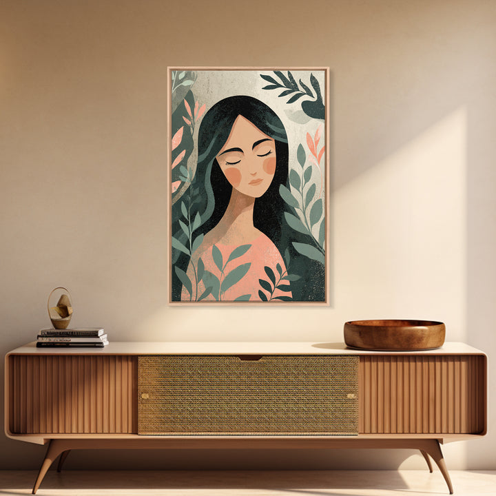 Serene Botanical Woman Portrait Wall Art, Feminine Boho Decor, Modern Illustration Print, Nature Inspired Art, Gift For Her