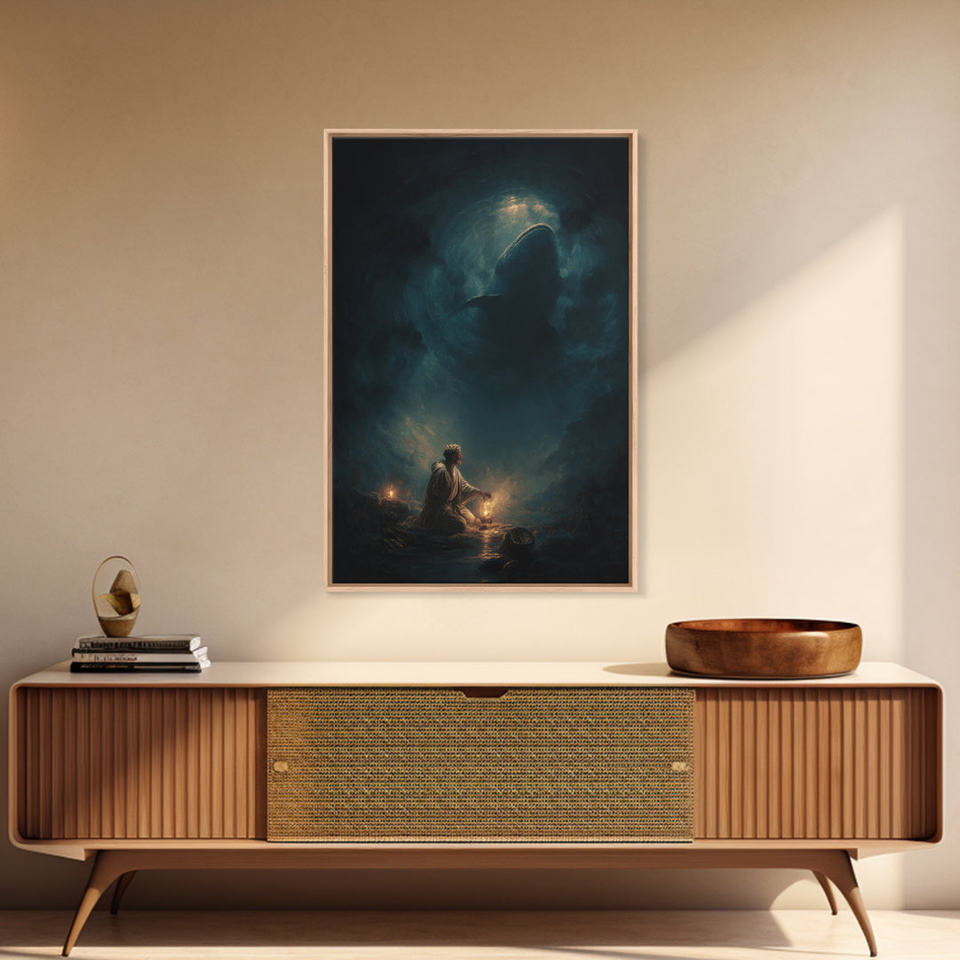 Underwater Dark Shark Illustration Mystical Ocean Scene Moody Wall Art - Canvas Print For Nautical Living Room Decor
