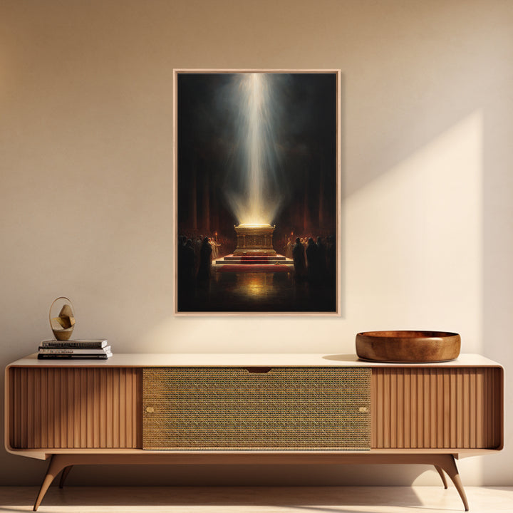 Golden Glowing Ark Illuminated By Light Rays Wall Art Framed Canvas Print For Religious Home Decor Gift