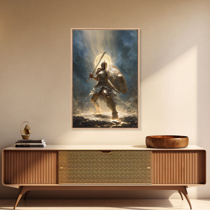 Heroic Knight In Golden Armor Digital Painting Canvas Print Wall Art For Medieval Decor And Fantasy Room Accent