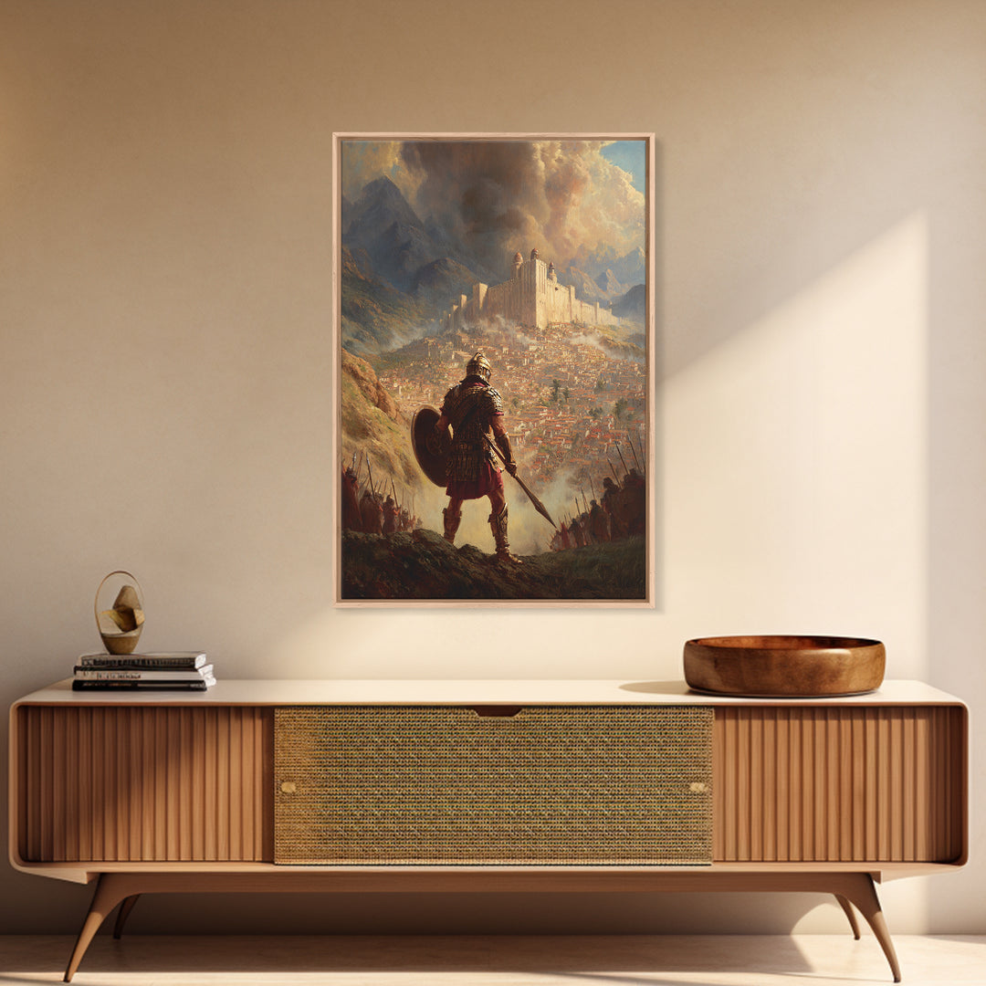 Epic Medieval Warrior Facing Grand Castle Oil Painting Canvas Print For Living Room Decor And Historical Art Lovers