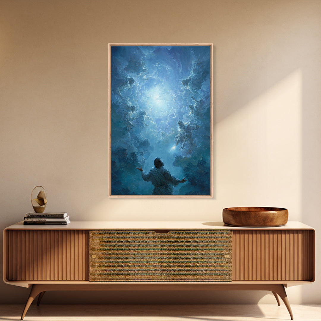 Celestial Encounter With Divine Figures In Blue Sky Spiritual Wall Art Framed Canvas Print For Home Decor