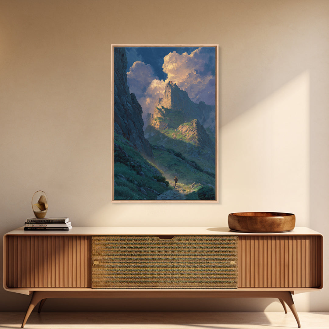 Epic Mountain Landscape With Brave Knight Walking Path Dramatic Sky Fine Art Canvas Print For Living Room