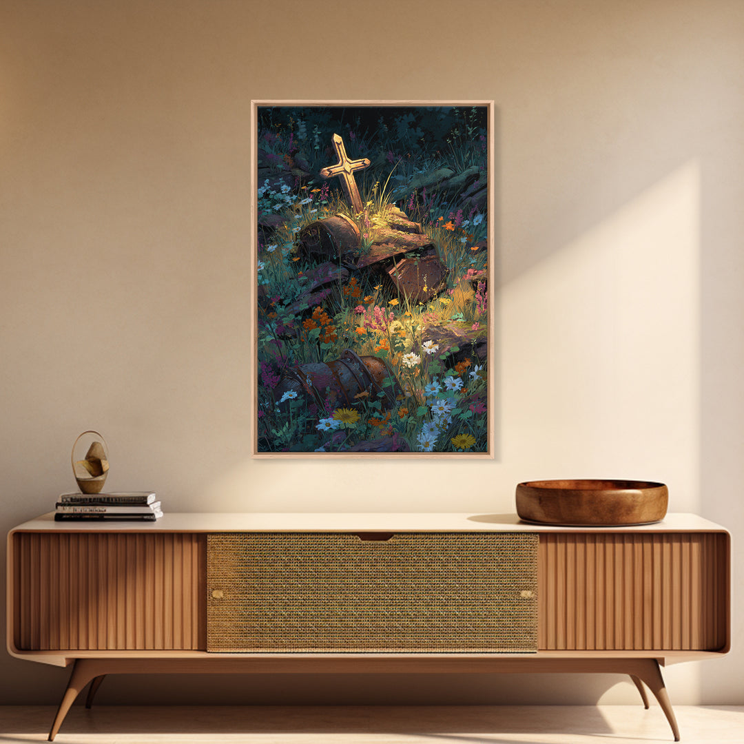 Overgrown Ruins With Flowers Fantasy Landscape Digital Painting Wall Art Canvas Print Unique Nature Inspired Home Decor
