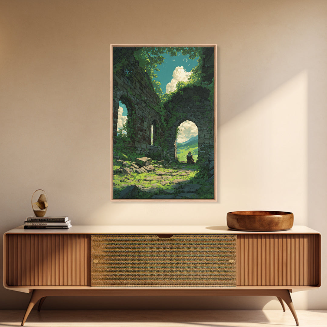 Mystical Forest Ruins With Lush Greenery And Blue Sky Fantasy Digital Art Wall Art Canvas Print For Nature Lovers