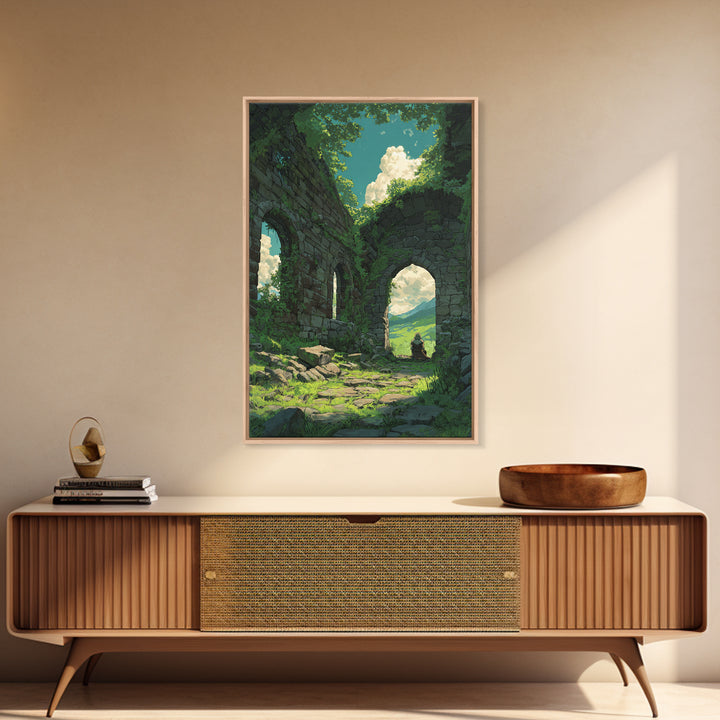 Mystical Forest Ruins With Lush Greenery And Blue Sky Fantasy Digital Art Wall Art Canvas Print For Nature Lovers