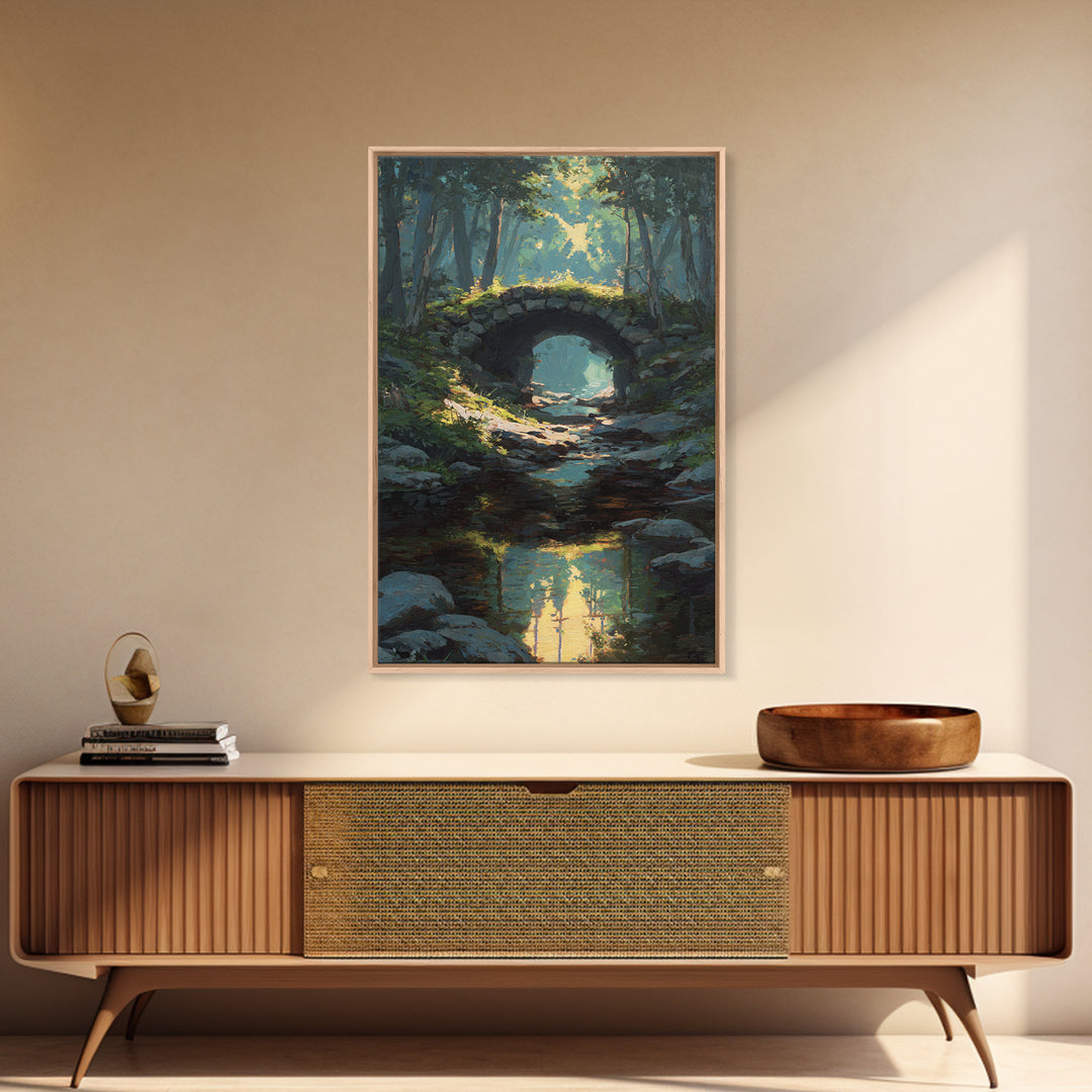 Serene Forest Path Under Stone Bridge With Dappled Sunlight Original Oil Painting Wall Art Framed Canvas Print