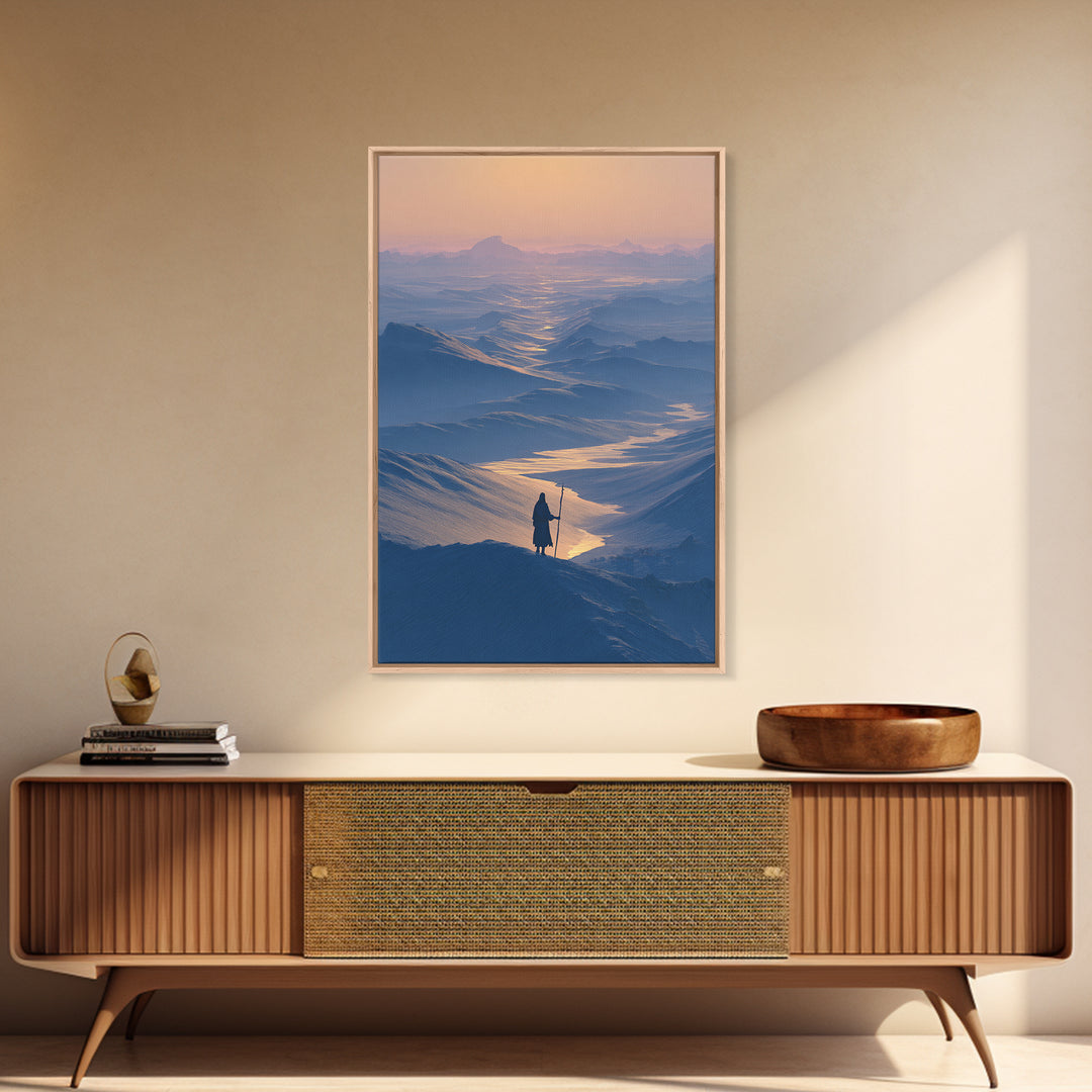 Serene Blue Mountain Landscape With Lone Traveler Canvas Print Tranquil Wall Art Framed Home Decor