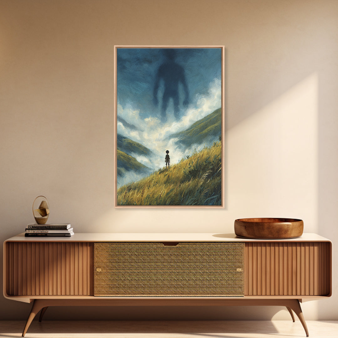 Misty Valley With Lone Boy Facing Giant Shadow Figure Atmospheric Surreal Art Wall Art Canvas Print