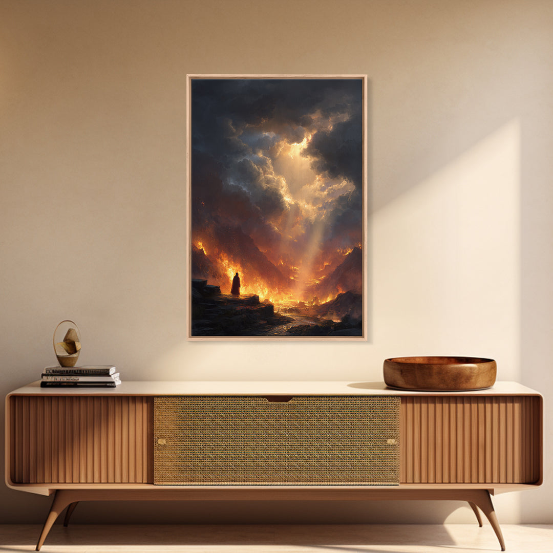 Mystical Forest Scene With Sunlight Streaming Through Trees And Wooden Cross Wall Art Framed Canvas Print For Christian Home Decor