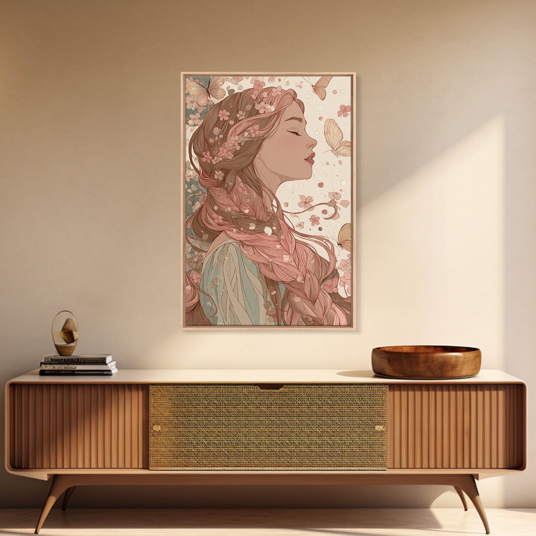 Art Nouveau Woman With Butterflies Framed Canvas Print, Feminine Wall Art, Floral Portrait, Romantic Bedroom Decor, Gift For Her