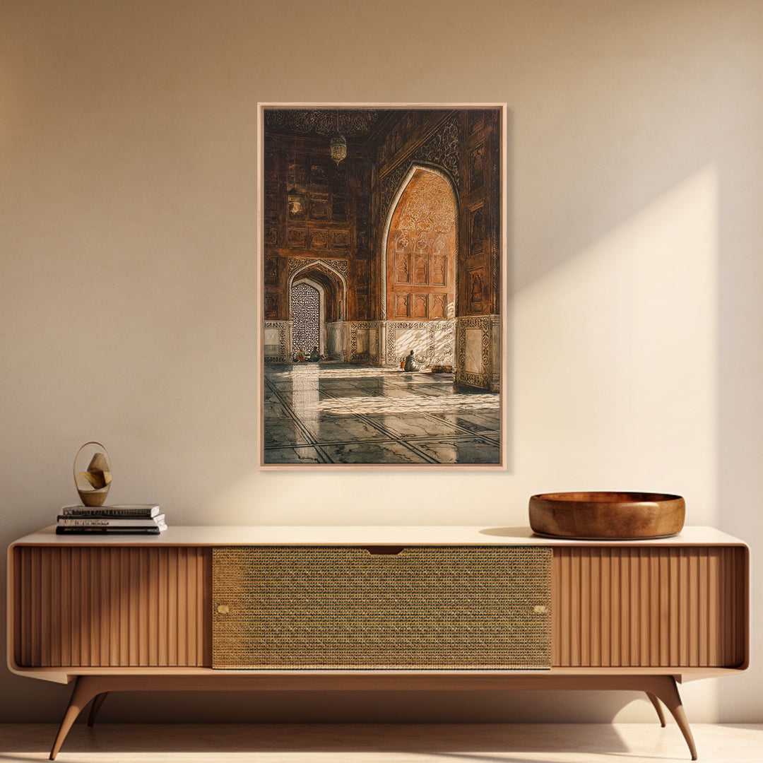Sunlit Mosque Interior Painting With Intricate Archways Canvas Print Wall Art For Islamic Decor And Spiritual Ambiance