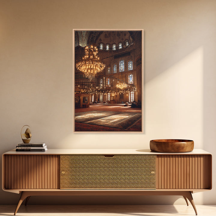 Beautiful Large Chandelier Lightning Historic Mosque Interior - Fine Art Wall Art Framed Canvas Print For Spiritual Spaces