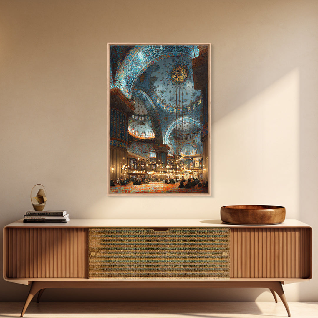 Intricate Islamic Blue Mosque Interior Wall Art Framed Canvas Print Religious Home Decor Spiritual Art Print