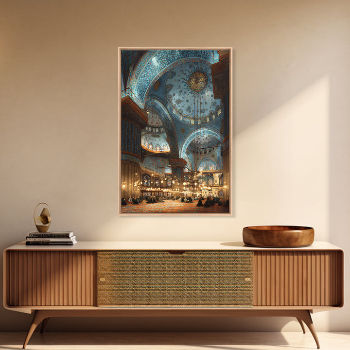 Intricate Islamic Blue Mosque Interior Wall Art Framed Canvas Print Religious Home Decor Spiritual Art Print