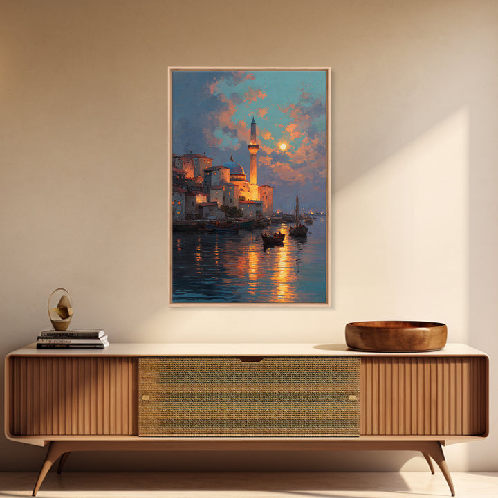 Golden Hour Coastal Landscape With Sword In Beach Sand Dramatic Sunset Painting Canvas Print For Unique Home Decor Wall Art