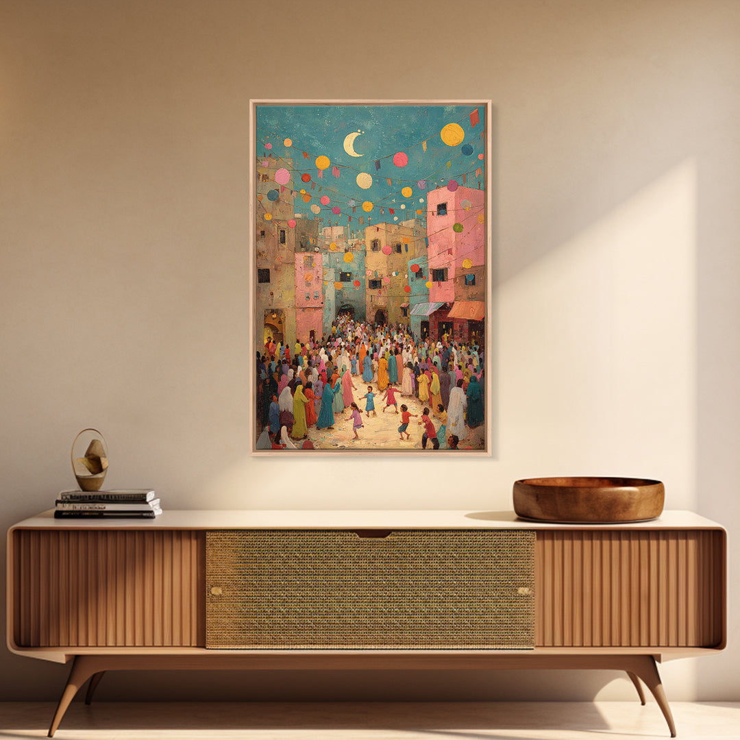 Colorful Festive Middle Eastern Street Scene With Moon And Lanterns Wall Art Framed Canvas Print