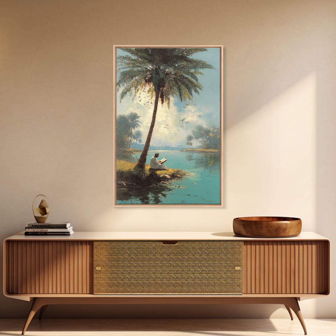Serene Middle Eastern Landscape With Man Reading By Palm Tree Vintage Style Painting Wall Art Canvas Print