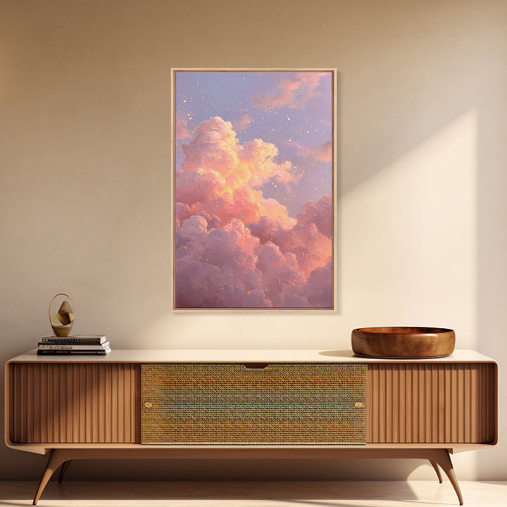 Dreamy Pink Clouds And Starry Sky Canvas Print, Celestial Wall Art, Pastel Nursery Decor, Whimsical Bedroom Art, Gift For Her