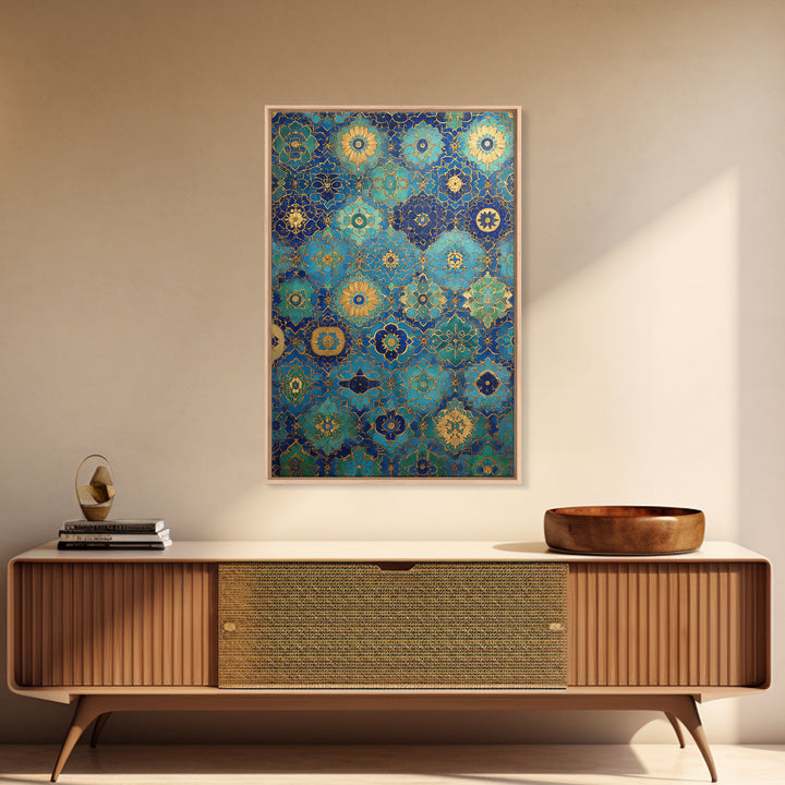 Blue And Gold Islamic Geometric Tile Art Elegant Framed Canvas Print For Traditional Home Decor Or Thoughtful Gift