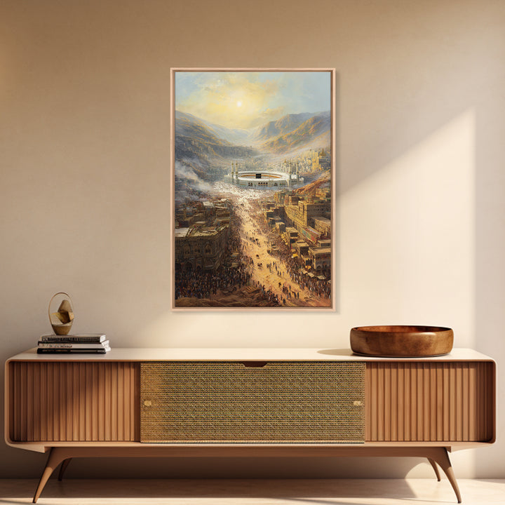 Sunrise Over Crowded Ancient Cityscape With Mountains And Kaaba - Wall Art Framed Canvas Print For Home Decor