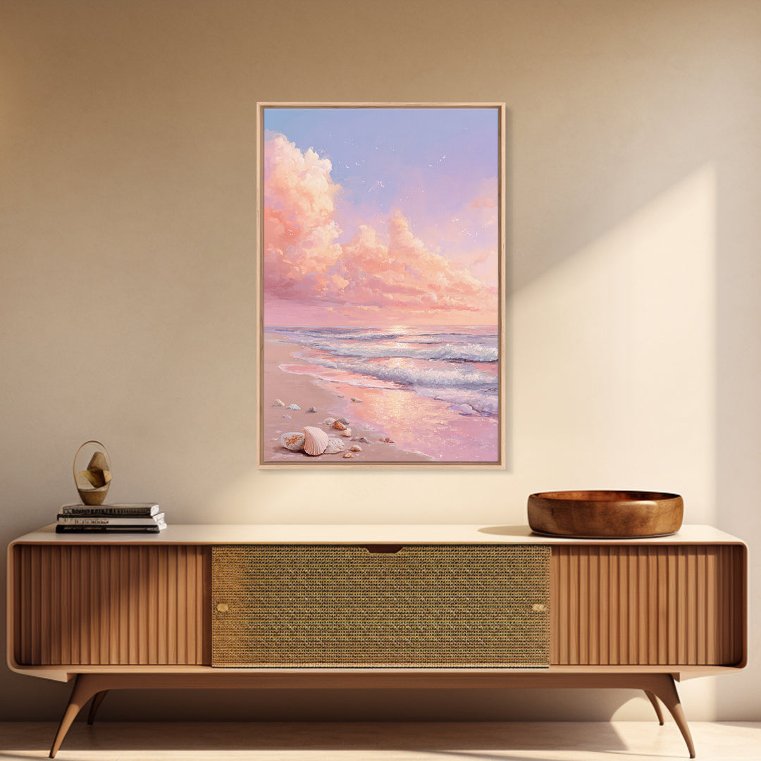 Pastel Ocean Sunrise With Seashells Canvas Print, Coastal Wall Art, Beach House Decor, Seascape Painting, Gift For Her, Home Decor
