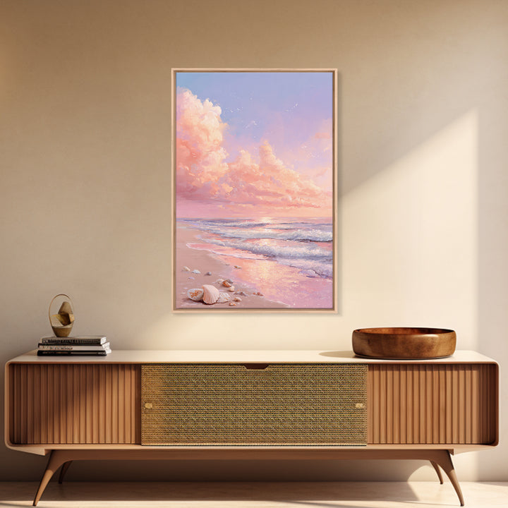 Pastel Ocean Sunrise With Seashells Canvas Print, Coastal Wall Art, Beach House Decor, Seascape Painting, Gift For Her, Home Decor
