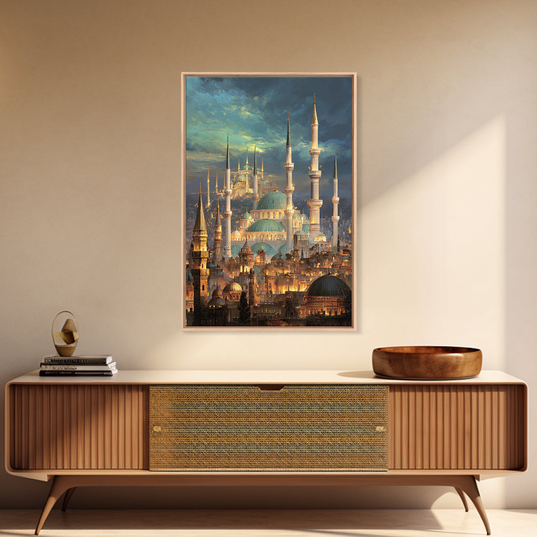 Elegant Cityscape Painting Of Historic Minarets And Domes With Glowing Lights At Dusk Wall Art Canvas Print