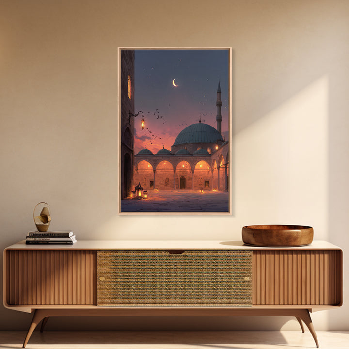 Magical Mosque Courtyard At Dusk With Lanterns And Crescent Moon Vibrant Islamic Wall Art Framed Canvas Print