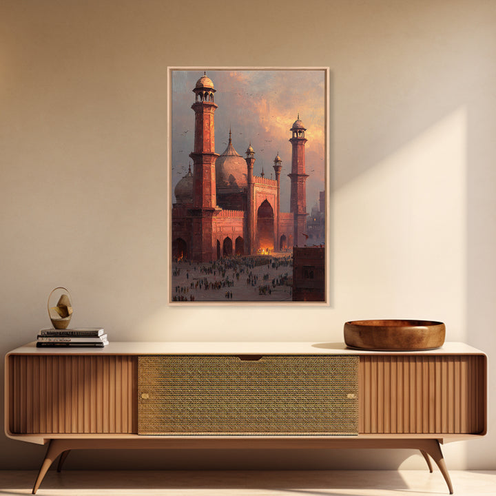 Historic Red Mosque Sunset Scene With Crowds And Birds Captured In Beautiful Oil Painting Wall Art