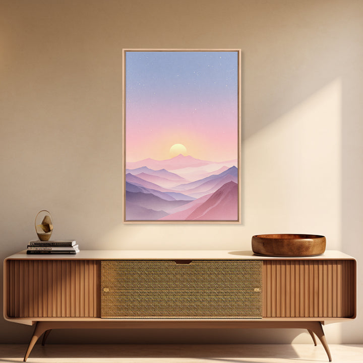 Pastel Mountain Sunrise Under Starry Sky Wall Art, Minimalist Landscape Print, Calming Bedroom Decor, Modern Home Decor, Gift
