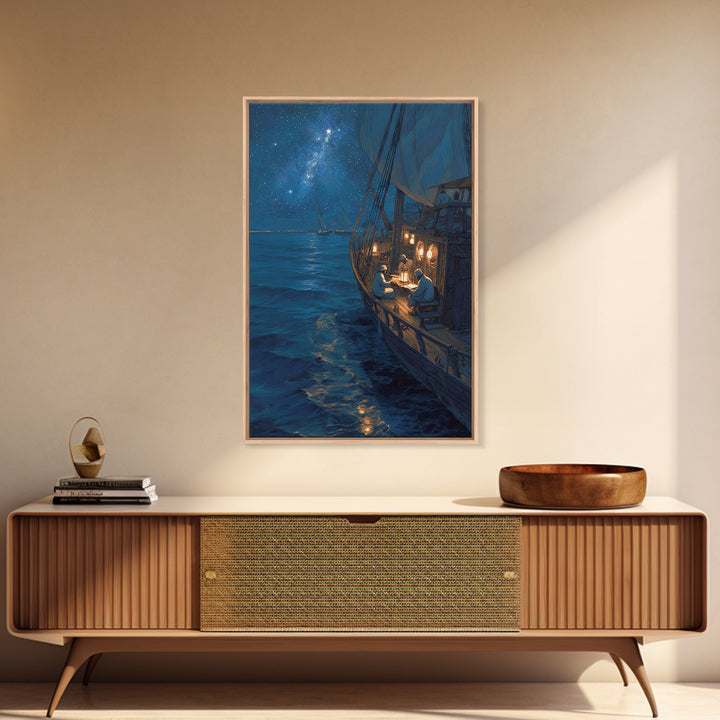 Sailors Reading By Lantern On Historic Ship Under Starry Night Sky Wall Art Framed Canvas Print For Nautical Home Decor