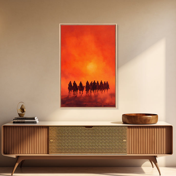 Silhouettes Of Travelers On Camels Against Vibrant Orange Sunset Desert Landscape Wall Art Canvas Print