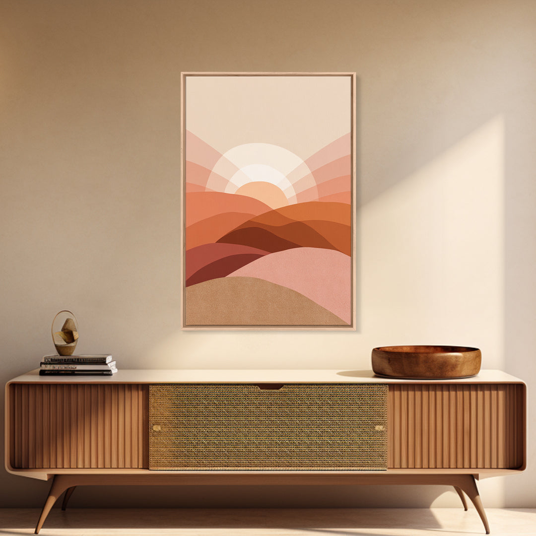 Terracotta Desert Sunrise Over Layered Hills Framed Canvas Print, Boho Wall Art, Earth Tone Decor, Large Abstract Landscape